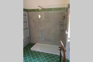a shower with a glass door in a bathroom at Cozy apartment in Palazzo Malaspina in Piacenza