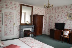 - une chambre avec du papier peint rose, un lit et une cheminée dans l'établissement Château Des Bondons EI, à La Ferté-sous-Jouarre