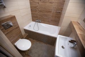 a bathroom with a toilet and a tub and a sink at Dom Nad Wodospadem in Miedzygorze