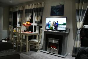 a living room with a tv and a fireplace at Chalet Seeliebe in Lathum