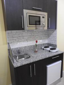 eine Küchentheke mit Spüle und Mikrowelle in der Unterkunft Las Flores studio 2 in Playa de las Americas