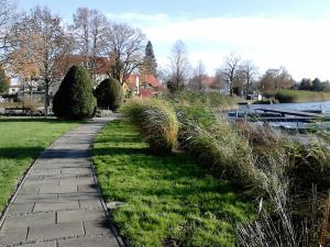 a path in a park next to a river at Ferienhaus Pauline am See in Müllrose