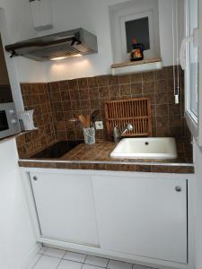 uma cozinha com um lavatório e uma bancada em STUDIO TOUT A PIEDS em Sanary-sur-Mer
