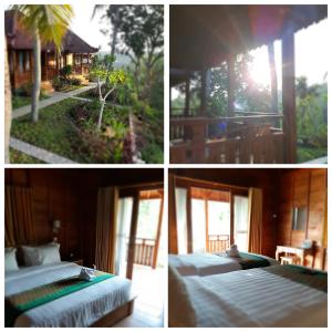 vier foto's van een hotel met twee bedden en een huis bij KKorok Hill Cottage in Nusa Penida