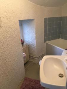 a bathroom with a white toilet and a sink at L'insolite et médièvale Tour Yselda in Saint-Pourçain-sur-Sioule