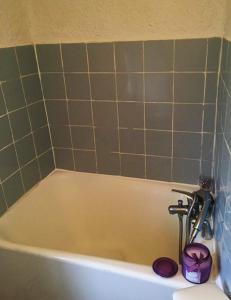 baño con bañera blanca y pared de azulejos verdes en La Tour Yselda, en Saint-Pourçain-sur-Sioule