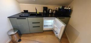 een kleine keuken met een open koelkast en een wastafel bij Appartement Studio Prieuré in Quimper
