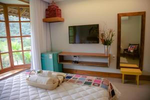 a bedroom with a bed and a tv and a mirror at Pousada Vila do Loro in Domingos Martins