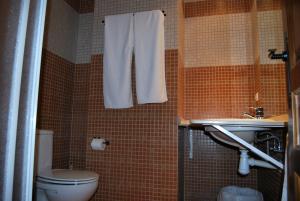 a bathroom with a toilet, sink, and shower stall at La Piedra del Mediodía in Cirat