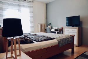 a bedroom with a bed with a television and a desk at Szabads&aacute;g Apartman P&eacute;cs in P&eacute;cs