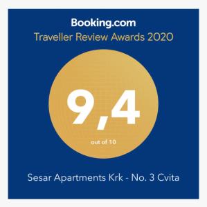 Certifikát, ocenenie alebo iný dokument vystavený v ubytovaní Sesar Apartments Krk - No. 3 Cvita
