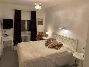 1 dormitorio con 1 cama con 2 almohadas en Furulidens Hotell, en Vittsjö