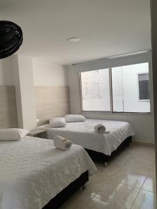 een slaapkamer met 2 bedden en een raam bij Hotel Mirador San Esteban in La Tebaida