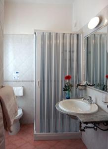 La salle de bains est pourvue d'un lavabo, d'une douche et de toilettes. dans l'établissement Hotel Mediterraneo, à Sapri