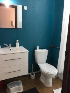 een badkamer met een wit toilet en een blauwe muur bij Appartement centre village in Villard-de-Lans