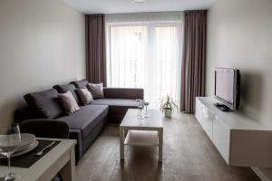 een woonkamer met een bank en een tv bij AM Apartamentai in Klaipėda