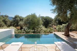 a swimming pool with a table and chairs and trees at Villa Mavrades in Sivota