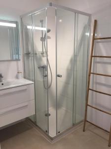 una ducha de cristal en un baño con lavabo en Domaine A Mortella T2, en Saint-Florent