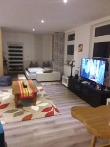 ein Wohnzimmer mit Sofa und Fernseher in der Unterkunft Ferienwohnung Casa Corleone in Apolda