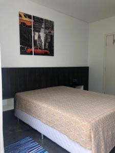 1 dormitorio con 1 cama y una foto en la pared en Loft Campos do Jordão - SP, en Campos do Jordão