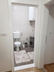 a bathroom with a white toilet in a room at Sunrise apartman kod parka in Bijeljina