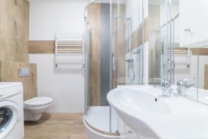 a bathroom with a sink and a toilet and a shower at Apartament Graniczna 6B in Bydgoszcz