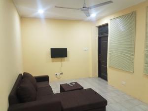Il comprend un salon doté d'un canapé et d'une télévision à écran plat. dans l'établissement Private Executive Apartments, à Accra