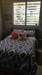 a bedroom with a black and white bed with a window at Peña's Palalace Mayagüez in Mayaguez