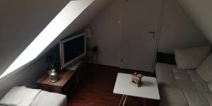 ein Wohnzimmer mit einem Sofa und einem TV in der Unterkunft Maisonettewohnung am Badesee bei Kassel in Weimar