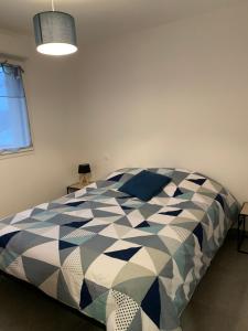 a bedroom with a bed with a black and white comforter at Les balcons de la haie griselle in Gérardmer