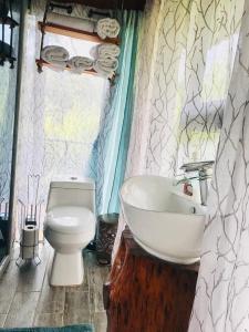 y baño con aseo y lavamanos. en Cabaña treehouse Mountain View, en San Isidro