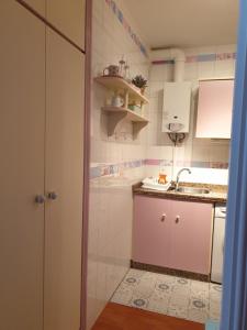 a small kitchen with a sink and a shower at Sol y Luz in Isla del Moral