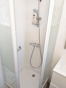 y baño con ducha y puerta de cristal. en Aux Alyscamps en Arles