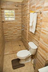 a bathroom with a toilet and a shower at Jean's ( 1 or 2 B/R ) Condo, Sapphire Estate,Laborie ,St Lucia. Comfort in Style. in Laborie