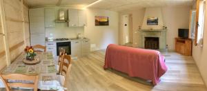 菲烏馬爾博的住宿－伊爾博爾戈德切爾迪酒店，厨房以及带桌子和壁炉的用餐室。