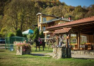 a woman riding a horse in front of a house at Guest House Alfa Daniel in Balkanets