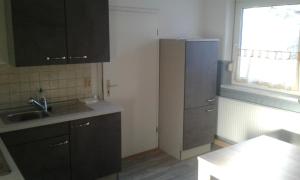 a kitchen with black cabinets and a sink and a window at FeWo Ines in Lauscha