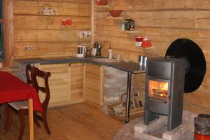 a kitchen with a wood stove in a cabin at Traku Horizontai in Trakai