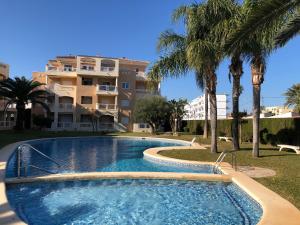 a swimming pool with palm trees in front of a building at Hort 1-Serviden in Denia