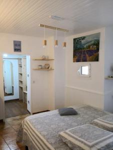 um quarto com uma cama e um espelho na parede em Fa Mille Maison Bleue em Robion en Luberon