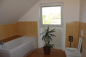 a bathroom with a tub and a toilet and a plant at Private holiday house Vivendi in Liptovský Mikuláš