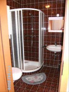 a bathroom with a shower and a toilet and a sink at Ferienwohnung A 55 m2 in Lachtal