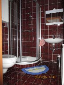 a bathroom with a shower and a toilet and a sink at Ferienwohnung A 55 m2 in Lachtal