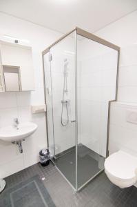 uma casa de banho com um chuveiro, um WC e um lavatório. em Hotel L201 - 24h self-check in em Gablitz