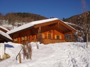 a log cabin in the snow with snow on it at Ruhige Chalets mit Seeblick in zentraler Lage in Schliersee +7 photos