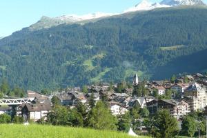 une petite ville dans les montagnes avec une montagne dans l'établissement Appartement in Hus Signal met prachtig uitzicht op de bergen, à Klosters Serneus