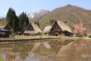 a group of houses with mountains in the background at Gokayama Onsen Akaokan in Nanto