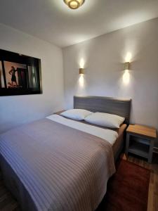 a bedroom with a large bed with two pillows at Panorama Garten-Apartment in Marburg in Marburg an der Lahn