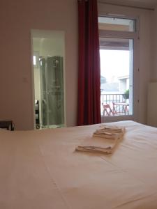 a bedroom with a white bed with a window and a glass door at Hotel le Faisan in Saint-Avertin