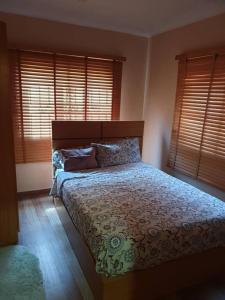 een slaapkamer met een groot bed in een kamer met ramen bij Trendy T in Lagos